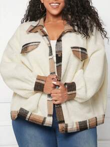 SHEIN CURVE+ Plus Plaid Print Drop Shoulder Teddy Jacket - Apricot - View 5