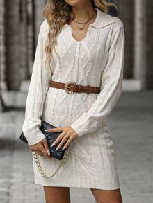 SHEIN LUNE Cable Knit Sweater Dress Without Belt - Beige - View 4