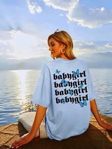 SHEIN Unity Hoạt hình Bướm & Chữ cái Áo thun Thả vai - Màu xanh lam - Xem 4