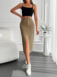 Cottnline Saia Denim Feminina Com Fenda Alta E Baixa - Castanho - Ver 3