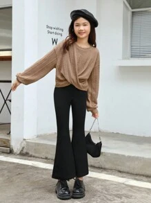 SHEIN Tween Girl Loose College Front Cross Design Round Neck Pullover Long Sleeve Solid Color Sweatshirt - Khaki - View 4