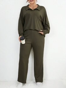 SHEIN LUNE Plus V-collar Drop Shoulder Tee & Pants - Green - View 4