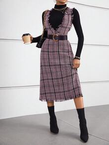 SHEIN Privé 格紋印花毛邊緣背帶洋裝不帶T恤 - 紅色 - 查看 3