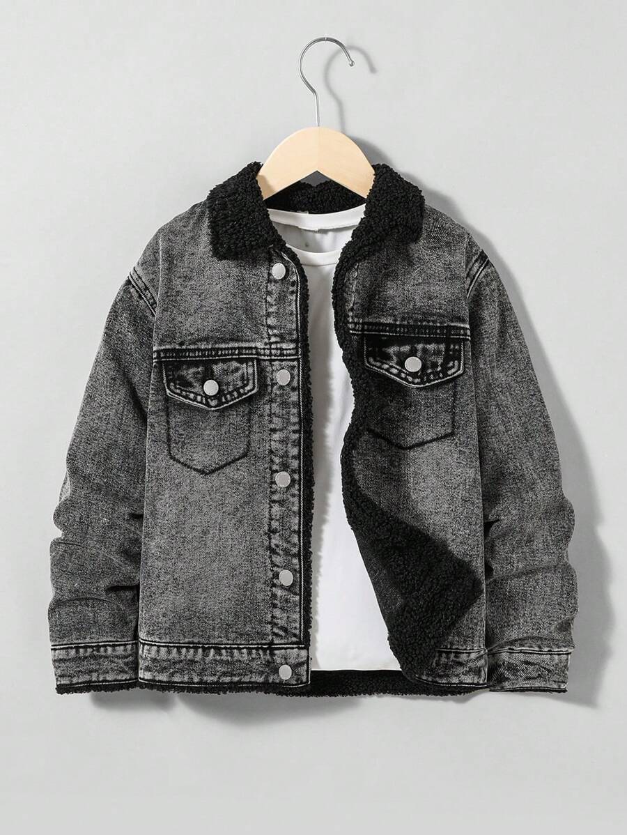 SHEIN Cậu bé Tween Túi có nắp Lót Teddy Áo khoác denim Without Tee - màu đen - Xem 1