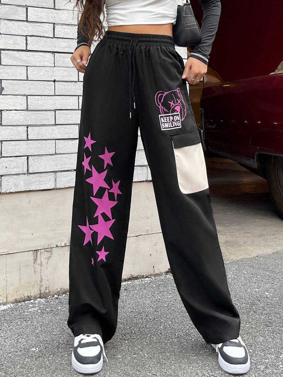 SHEIN Coolane Star & Cartoon Graphic Drawstring Waist Cargo Pants - Black - View 1
