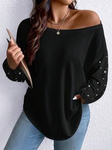 加潤飾珠釘肩蓬鬆針織t卹 - 黑色 - 查看 1