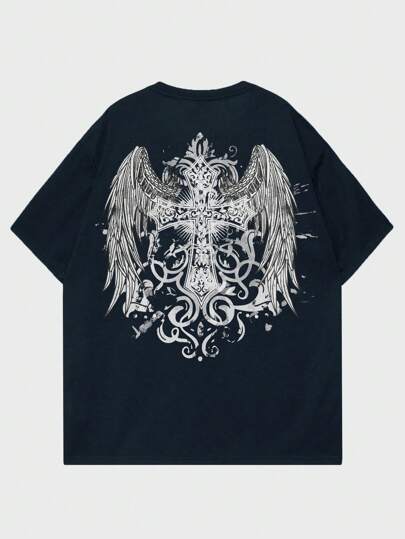 Goth Men Cross & Wings Print Tee For Halloween, School