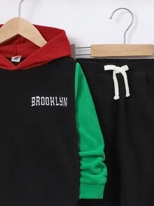 男小童刺繡字母圖案撞色連帽衫&腰部抽繩衛褲 - 黑色 - 查看 4