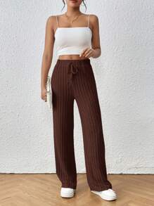SHEIN Frenchy Pantalones de cintura con nudo tejido de canalé - Marrón - Ver 3