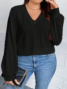 SHEIN LUNE Talla grande Camiseta unicolor de cuello V de manga farol - Negro - Ver 6