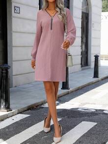 EMERY ROSE Half Zip Lantern Sleeve Dress - Pink - View 6