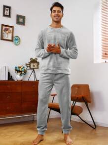 Men Solid Flannel PJ Set / Pajama Set - Light Grey - View 1