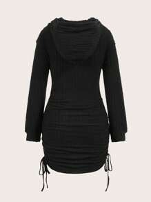 Muchica Drawstring Side Hooded Bodycon Dress - Black - View 2