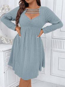 Celure Talla grande Vestido con abertura delantera pecho con fruncido - Celeste - Ver 6