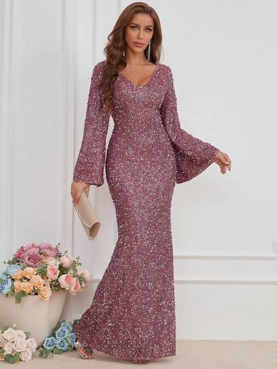 UNITHORSE Flare Sleeve Mermaid Hem Sequin Formal Dress Elegant Long Sleeve Prom Evening Wedding Guest Gown, For Graduation, Dinner