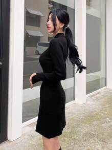 Dazy Star Chất rắn Cổ cao Đồ đan Ribbed Đầm Áo len - màu đen - Xem 5