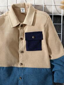 SHEIN 男孩休閒寬鬆拼色長袖襯衫,百搭風格 - 杏色 - 查看 4