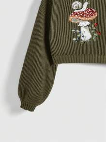 ROMWE Fairycore 蘑菇刺绣高领灯笼袖毛衣，长袖上衣