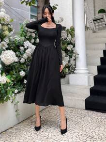 DAZY Vestido línea A unicolor de cuello cuadrado - Negro - Ver 7