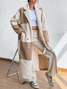 SHEIN Unity 拼色按扣泰迪熊大衣 - 杏色 - 查看 6