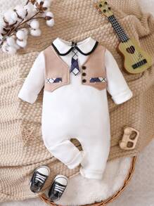 Baby Boy Tie Patched Button Detail 2 In 1 Jumpsuit With Tie - Multicolor - View 1