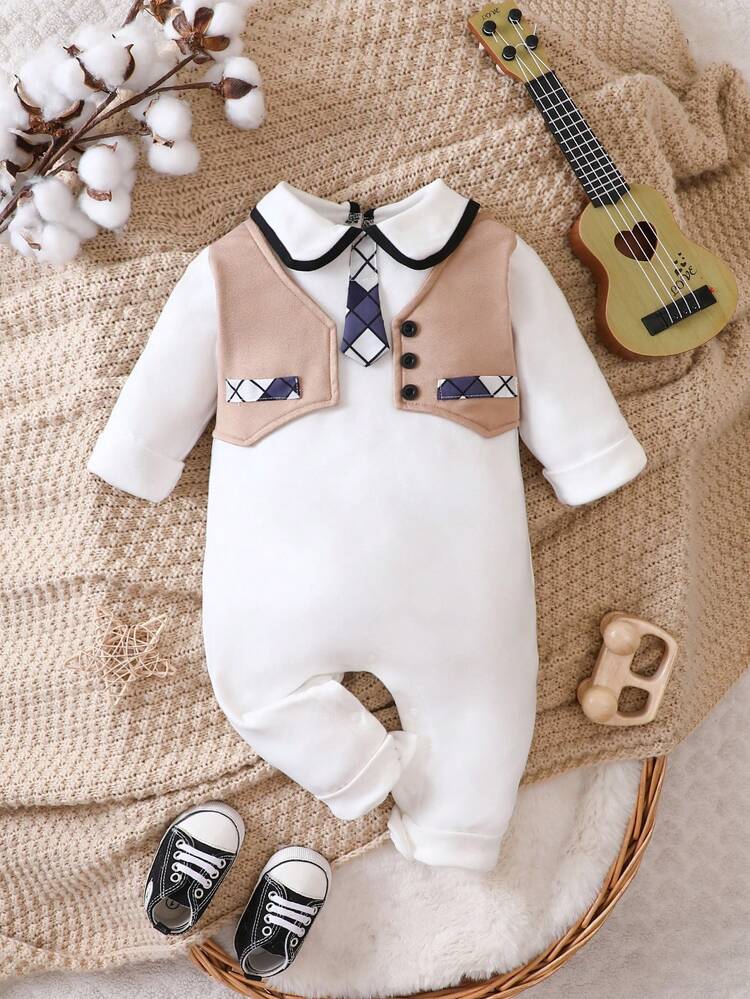 Baby Boy Tie Patched Button Detail 2 In 1 Jumpsuit With Tie