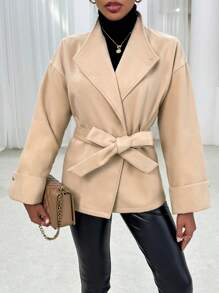 SHEIN Privé Waterfall Collar Drop Shoulder Belted Overcoat - Khaki - View 3