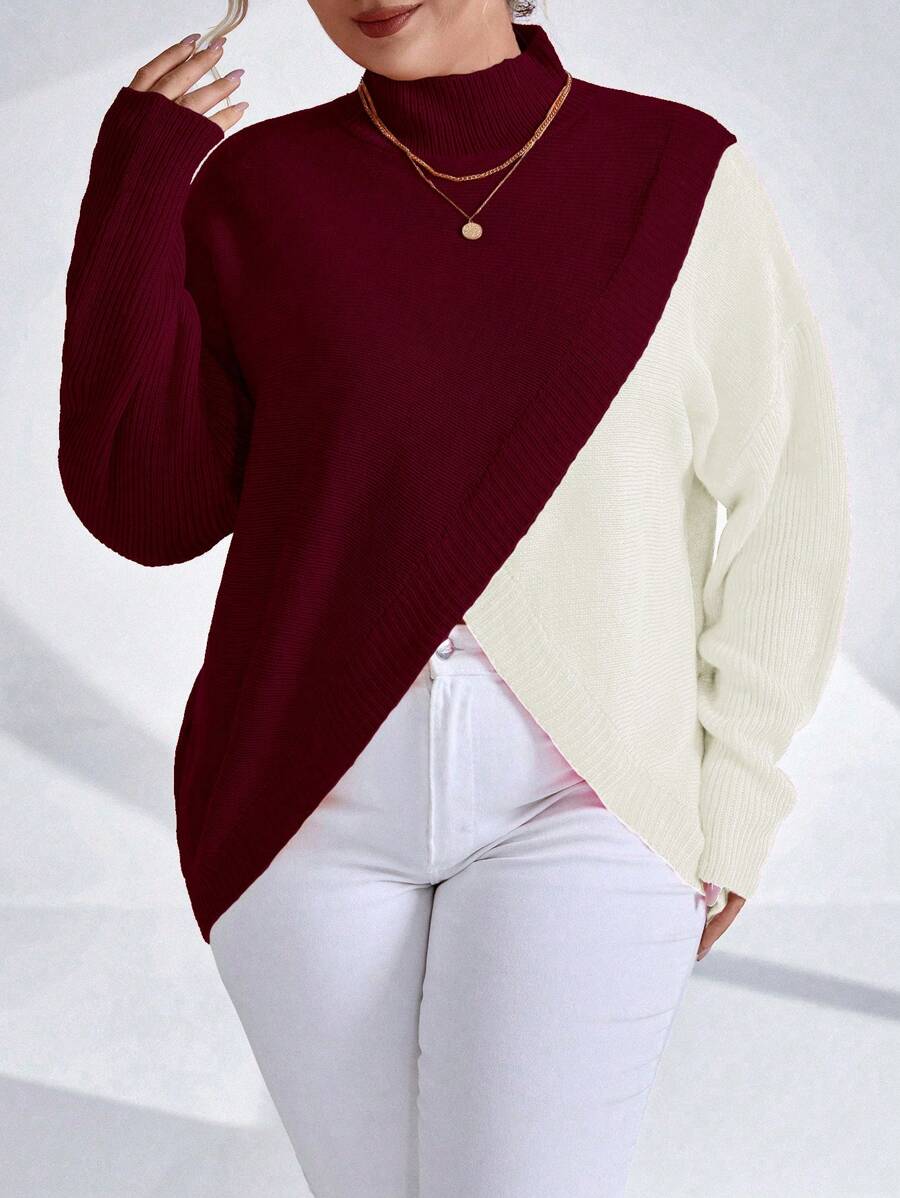 Celure 大碼雙色小高領交叉圍裹不對稱下擺套頭毛衣 - 酒紅色 - 查看 1