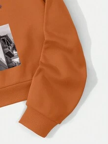 SHEIN EZwear 热带字母印花抽绳连帽衫，带保暖衬里 - 珊瑚橙 - 查看 3