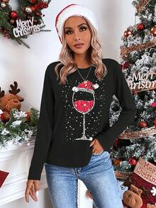 SHEIN LUNE Áo thun in hình Giáng sinh Áo thun họa tiết cho nữ - màu đen - Xem 6