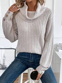 SHEIN LUNE Cổ bò Chi tiết Nút Đồ đan Ribbed Áo len - Lạc đà - Xem 1