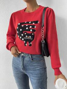 SHEIN Essnce Mô hình Cartoon Ống tay áo Áo len - Đỏ - Xem 1