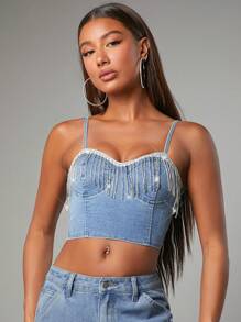 SHEIN BAE 流蘇鑽鎖派對女士牛仔上衣西部戲服 - 藍色 - 查看 4