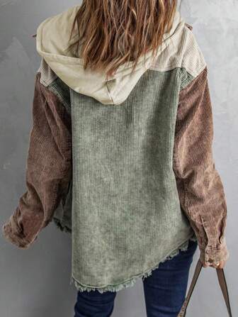 CILKOO Colorblock Flap Pocket Drop Shoulder Drawstring Hooded Corduroy Coat