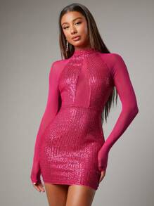 SHEIN BAE Christmas Mock Neck Mesh Insert Sequin Bodycon Dress - Hot Pink - View 1