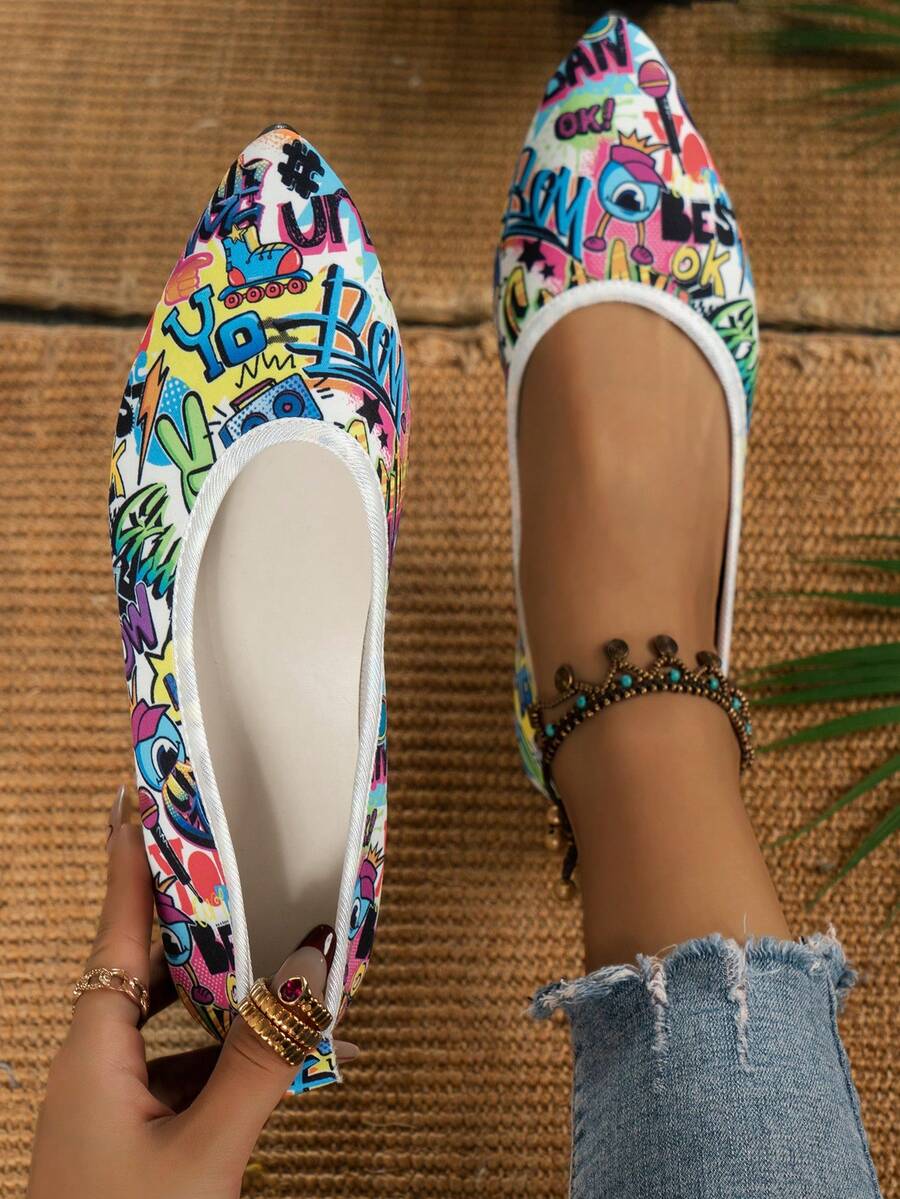 Women's Casual Pointed Toe Flat Shoes With English Letters Print, Slip-on Comfortable Loafers - Multicolor - View 1