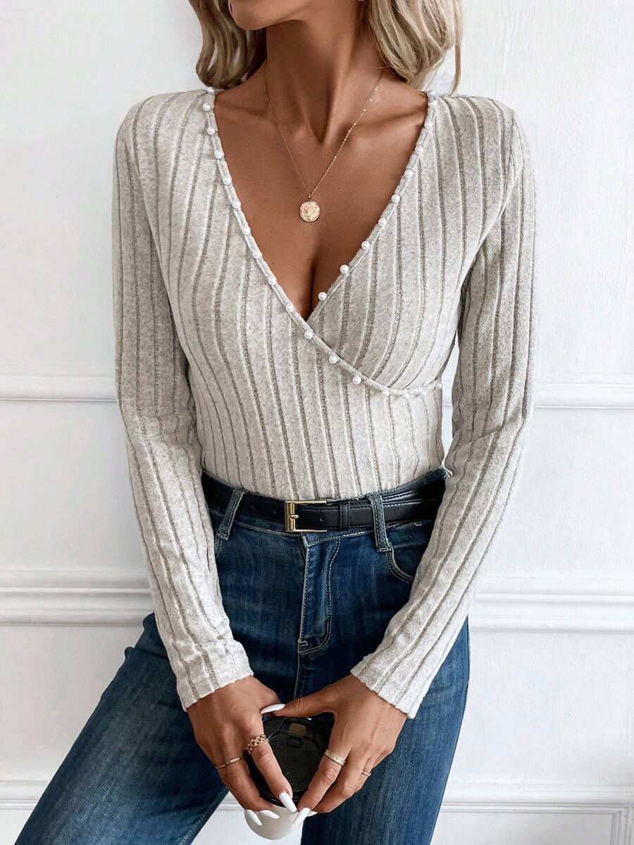 Pearls Beaded Surplice Neck Ribbed Knit Tee - Khaki - View 1