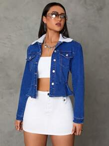 SHEIN Privé Borg Collar Flap Pocket Ruffle Hem Denim Jacket