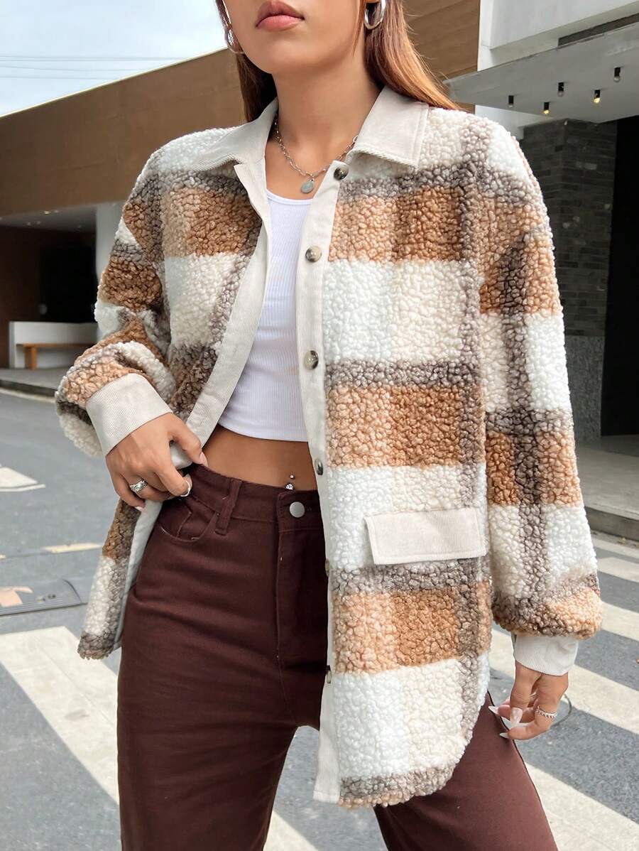 SHEIN EZwear 格紋印花落肩袖絨毛外套 - 卡其色 - 查看 1