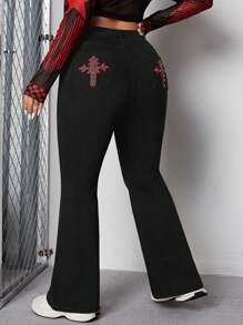 SHEIN ICON Plus Embroidery Cross Pattern Flare Leg Jeans - Black - View 1