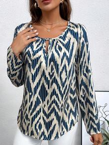 SHEIN LUNE Allover Print Keyhole Neck Roll Tab Sleeve Blouse - Navy Blue - View 6