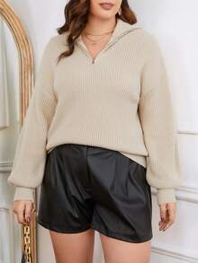 SHEIN Essnce Plus Zipper Front Drop Shoulder Sweater - Apricot - View 5