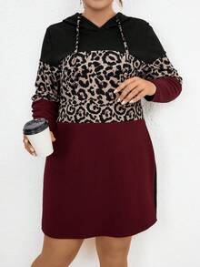 SHEIN LUNE 大碼豹紋印花抽繩連帽衛衣裙 - 彩色 - 查看 2