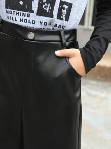 SHEIN Girlism Tween Girls Loose College Style PU Mid-Waist Wide Leg Cargo Pants