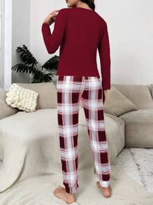 Gấu trúc Đã vá Áo thun & In kẻ sọc Quần Bộ PJ - Màu Đỏ Sâu - Xem 2