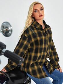 Flirla Women's Plus Size Plaid Button Up Shirt - Yellow - View 6