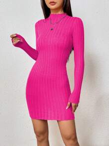 SHEIN Frenchy Mock Neck Ribbed Knit Bodycon Sweater Dress Without Belt - Hot Pink - View 1