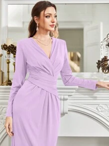 Modelyn Surplice cổ Eo Ruched Đầm - Màu tím hoa cà - Xem 3