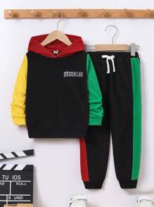 男小童刺繡字母圖案撞色連帽衫&腰部抽繩衛褲 - 黑色 - 查看 1