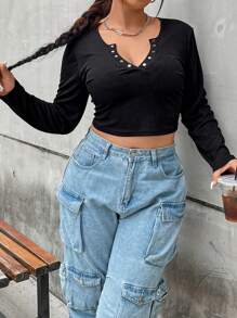 SHEIN MOOSTA Talla grande Camiseta crop de cuello notch - Negro - Ver 5